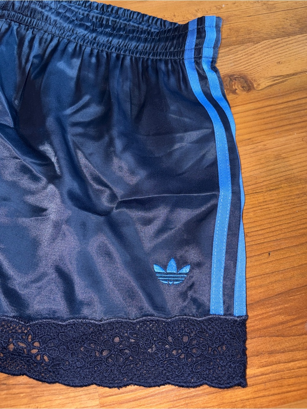 Adidas + ASOS Originals lace trim hem navy satin shorts L NWT - Picture 3 of 7